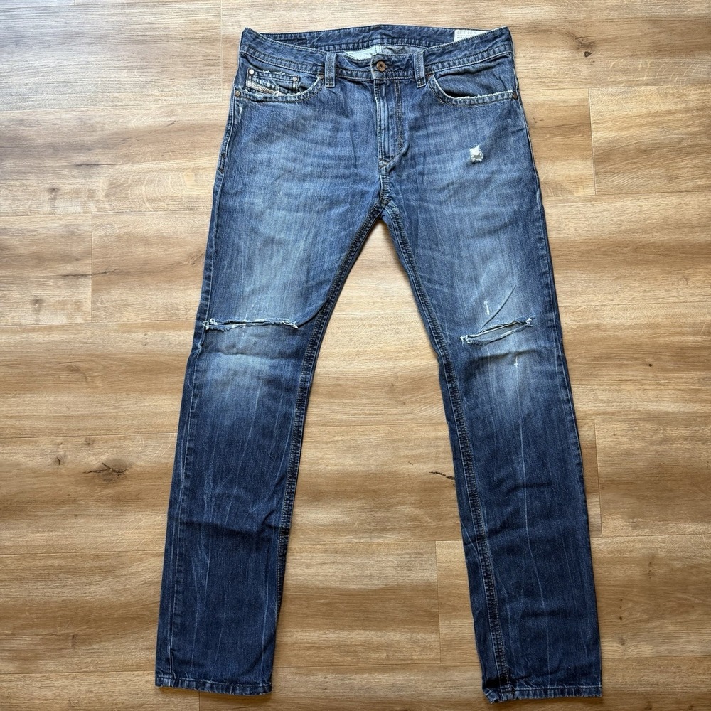 Diesel Thavar Jeans Men 34x32 Blue Slim‎ Skinny Dark Wash Whiskered Ripped 0RM80